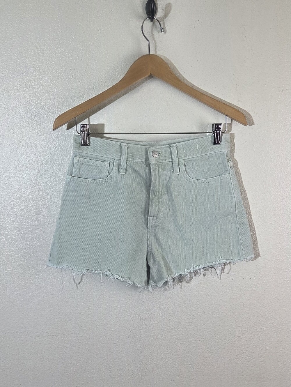 Madewell The Mom jean Short Size 25 Sage Green Mint High Rise Frayed Raw Hem
